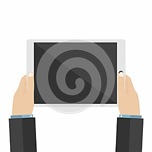 Businessman holds tablet pc. Using digital tablet pc. Flat design