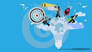 Businessman holds telescope foresight.businessman running  with businessmen workers flying to success.idea and concept creativity