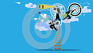 Businessman holds telescope foresight.businessman running  with businessmen workers flying to success.idea and concept creativity