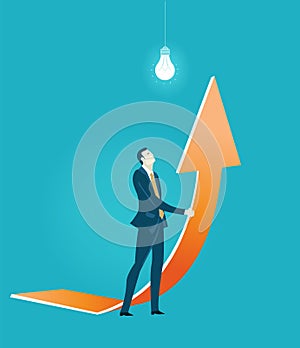 Businessman holds up big arrow. Business concept illustration