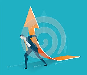 Businessman holds up big arrow. Business concept illustration