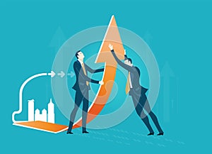 Businessman holds up big arrow. Business concept illustration