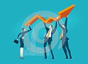 Businessman holds up big arrow. Business concept illustration