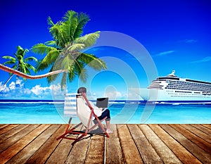 Businessman Holiday Working Business Travel Beach Concept