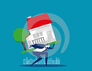 Businessman home carrying on back. Concept business vector illustration,  Loan, Risk, Debt