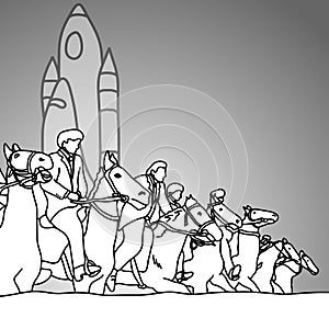 Businessman on horse with rocket backgroundvector illustration d