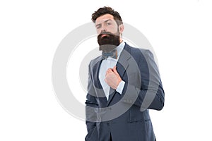 Businessman or host fashionable outfit isolated white. Classy style. Man bearded hipster wear classic suit outfit