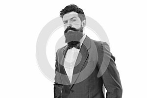 Businessman or host fashionable outfit isolated white. Fashion concept. Classy style. Man bearded hipster wear classic