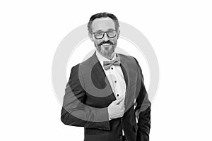 Businessman or host fashionable outfit isolated white. Man bearded hipster wear classic suit outfit. Formal outfit. Take