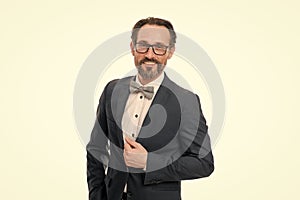 Businessman or host fashionable outfit  white. Man bearded hipster wear classic suit outfit. Formal outfit. Take