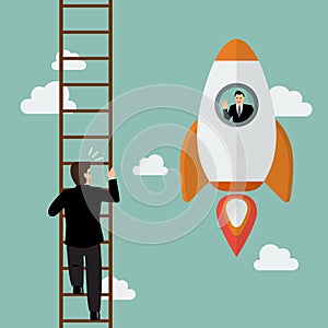 Businessman in hot air balloon fly pass businessman climbing the ladder