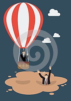 Businessman in hot air balloon get away from quicksand
