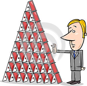 Businessman and house of cards cartoon