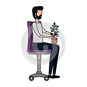 businessman with houseplant seated in office chair
