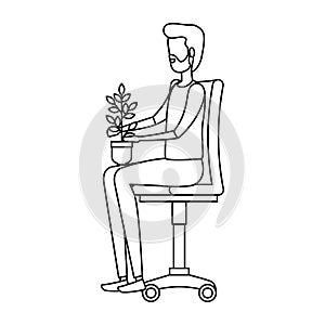 businessman with houseplant seated in office chair