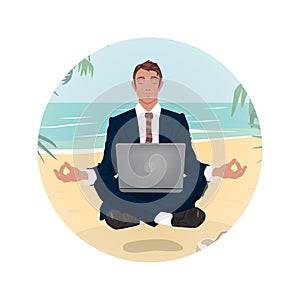 Businessman hovering in lotus pose on beach