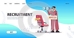 businessman hr manager with binoculars join us vacancy open recruitment and hiring concept