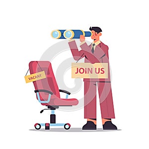 businessman hr manager with binoculars join us vacancy open recruitment and hiring concept full length