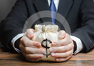 Businessman hugs US dollar money bags. Bank deposit. Budget management, tax collection. Trade, economics. Granting financing photo