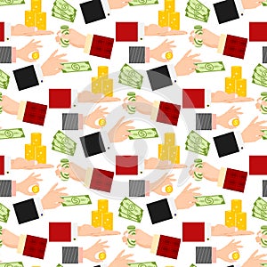 Businessman human hands arm holding paper money stack vector illustration finance seamless pattern background