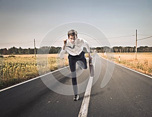 Businessman in a Hurry in the Countryside