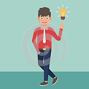 Businessman with an idea concept. Man standing next to light bulb as symbol of great business idea. Flat vector illustration