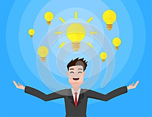 Businessman with many idea bulbs, vector illustration.