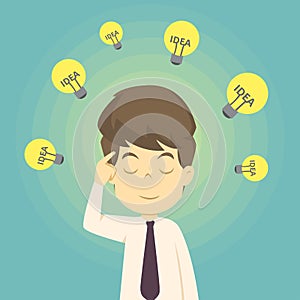Businessman with ideas.Businessman with lightbulb over his head.cartoon of business,employee success is the concept of the man