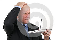 Businessman Image Gesturing Nervously Reading Disappointed Bad Financial News on Laptop