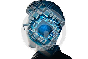 The businessman image overlay with the microchip the concept of artificial intelligence, future, telecommunication and technology.