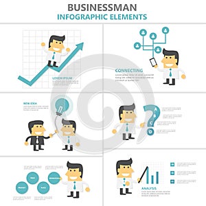 Businessman Infographic elements flat design set, man with light bulb, smartphone, growth, 4p strategy cartoon