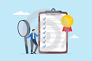 Businessman inspect quality control badge document with magnifying glass