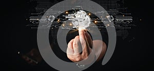 Businessman interact with AI artificial intelligence brain processor in concept of AI artificial intelligence engineering, big