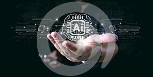 Businessman interact with AI artificial intelligence brain processor in concept of AI artificial intelligence engineering, big