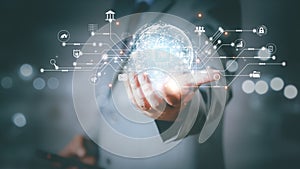 Businessman interact with AI artificial intelligence brain processor in concept of AI artificial intelligence engineering, big