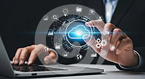Businessman Interacting with Cloud Computing Technology and Digital Network