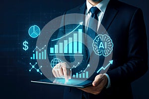Businessman Interacting with Digital Business Analytics and AI Interface Keywords: businessman, tablet, digital analytics,