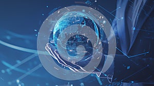 Businessman interacting with digital global network and data exchange photo