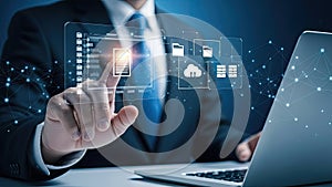Businessman Interacting with Digital Interface for Data Management and Cloud Computing