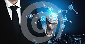 Businessman Interacting with Digital Interface Representing Connections, Data, Innovation, Networking, and Technology in