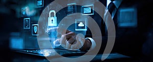 The businessman interacting with digital security icons on a tablet screen..AI generated image