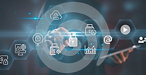 Businessman interacting digital security interface cloud protection data encryption secure access cybersecurity icons representing