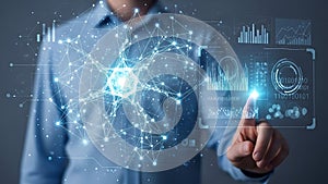 Businessman Interacting with Futuristic Data Visualization Interface