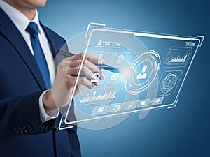 Businessman interacting with virtual interface displaying data analytics and user profile