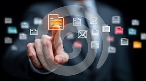 Businessman interacts with glowing digital document icons representing data management and information technology