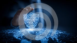 Businessman interacts with a glowing digital shield hovering above a virtual world map, symbolizing global cybersecurity and data