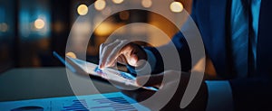 The businessman interacts with a tablet, analyzing data charts in a modern office..AI generated image