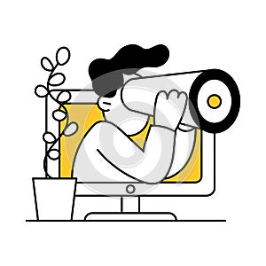 Businessman and internet searching, research process with binoculars looking forward. Mission for discovery innovation. Cute