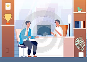 Businessman interview. Male character in boss cabinet recruitment person vector people