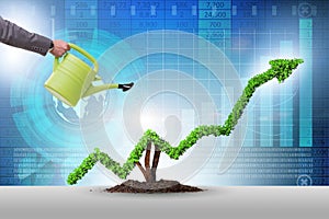 The businessman in investment concept watering financial line chart